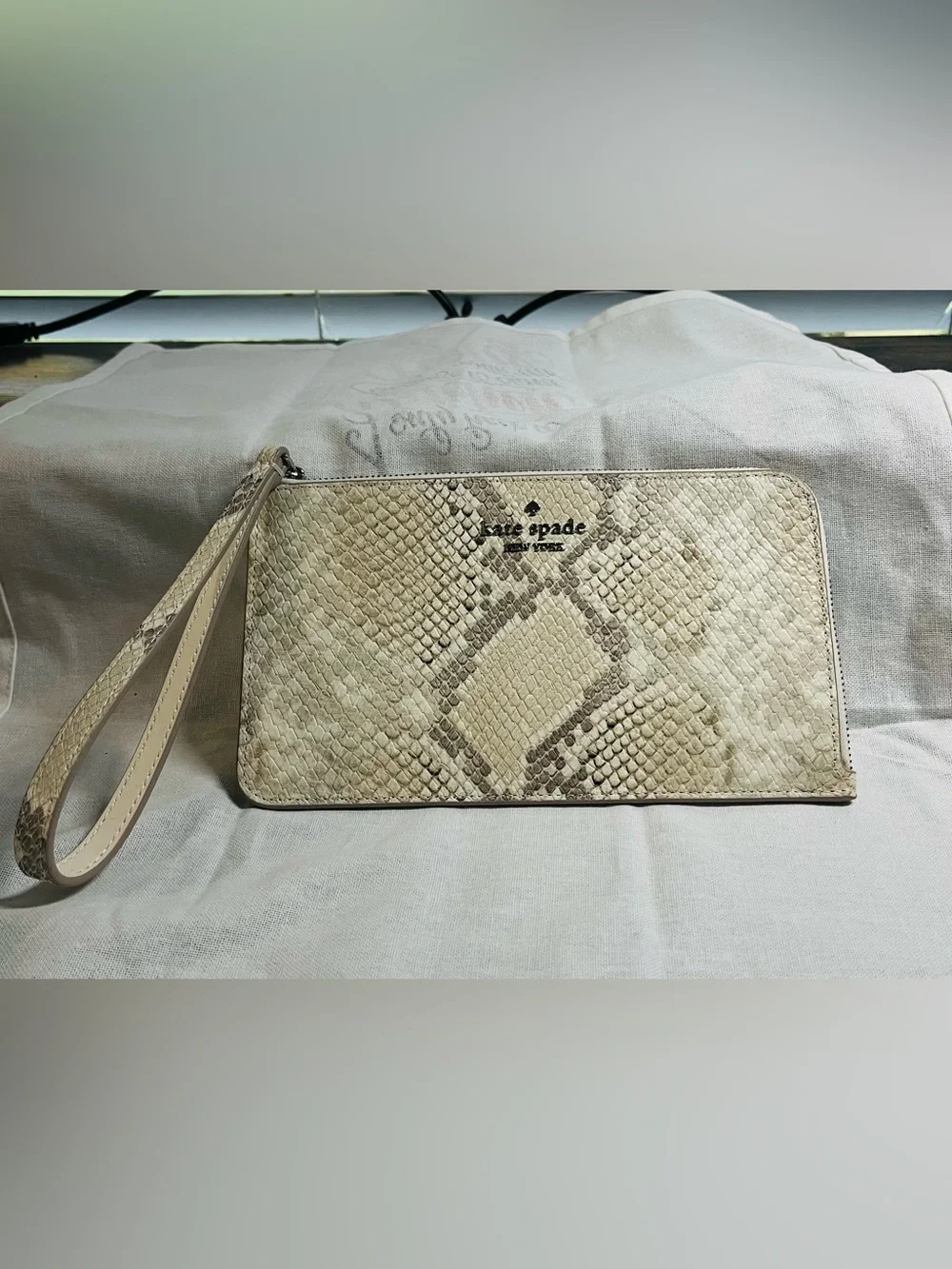 kate spade Cream and Tan Lucy Snake-Print Wristlet